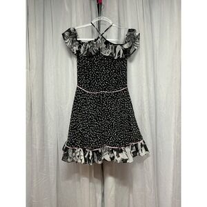 bebe Black White Polka Dot Floral Cold Shoulder Mini Dress Pink Trim Size 4
